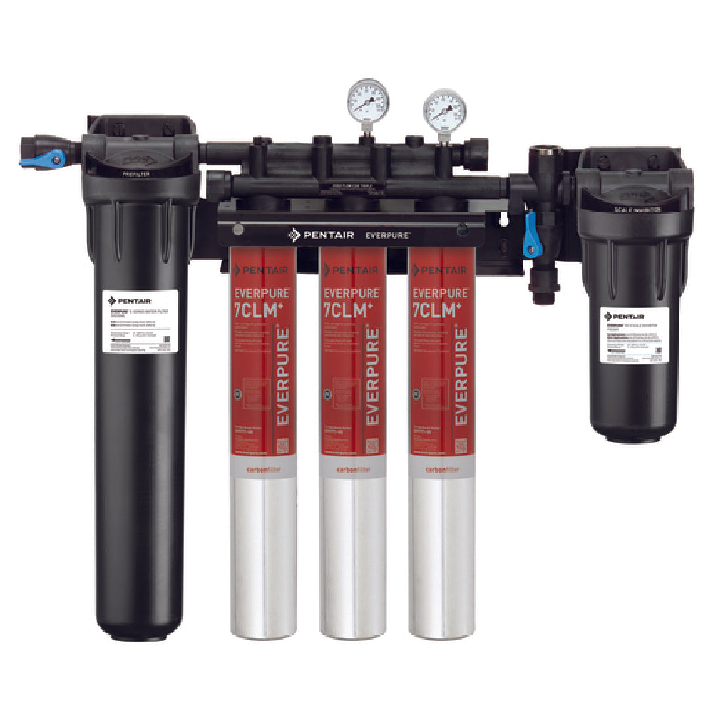 Commercial water filtration system featuring Everpure High Flow CSR Triple-7CLM+ components