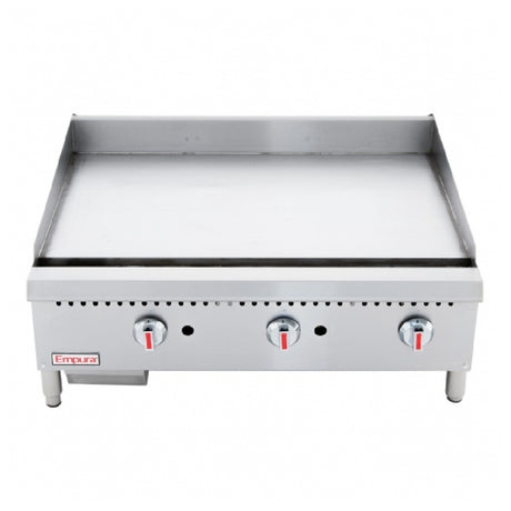 Stainless steel Empura Equipment Griddle with three control knobs for efficient heat distribution