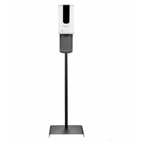 Floor-standing Empura Gel Sanitizer Station with black metal stand and drip tray