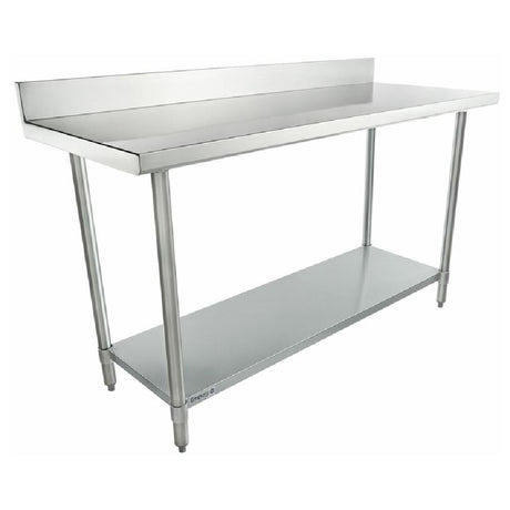 Stainless steel prep table with backsplash and shelf, a standard duty work table ideal for kitchens