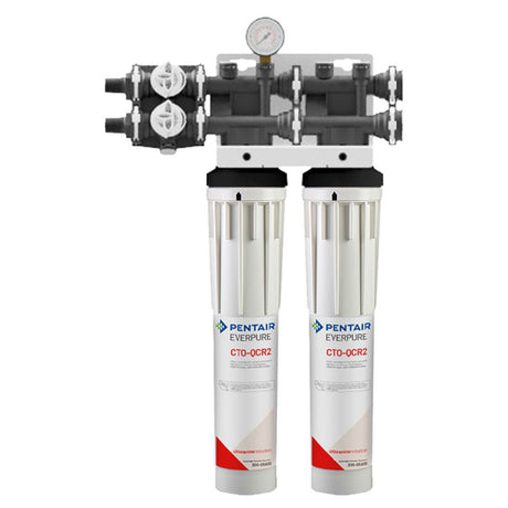 Dual-cartridge water filtration system features CTO-QCR2 activated carbon cartridges and pressure gauge