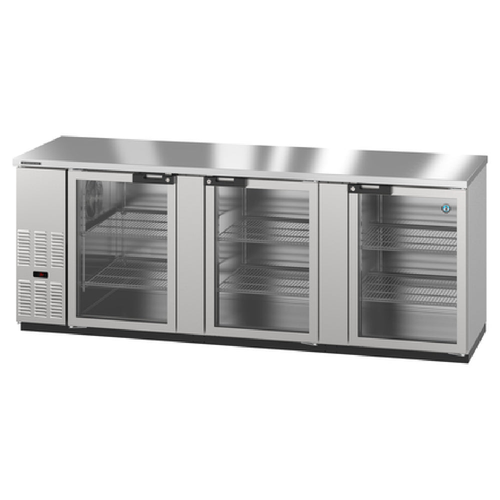 Stainless steel Hoshizaki BB95-G-S bar cooler with three glass doors for beverage display