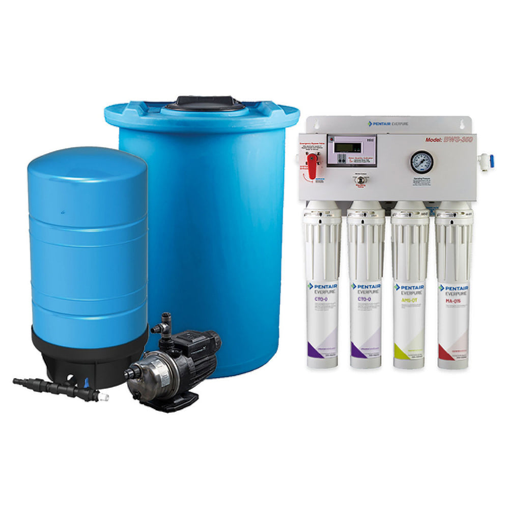 Water filtration system featuring BWS Reverse Osmosis with blue tank and multi-stage filter