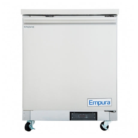 White Empura stainless steel undercounter freezer on wheels with logo