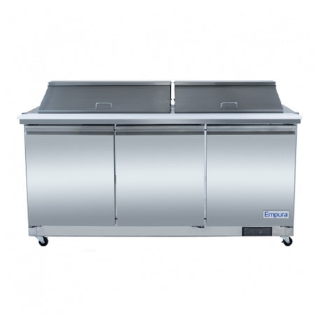 Stainless steel salad table refrigerator featuring a three-door design for meal preparation