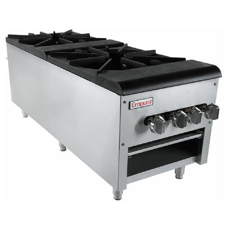 Commercial Empura Equipment gas stock pot range with three burners and storage compartment