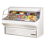 White refrigerated display case with angled glass front for True Refrigeration Horizontal Air Curtain