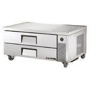 Stainless steel refrigerated chef base with two drawers and casters for kitchen storage