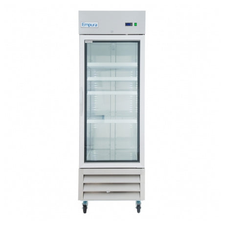 Commercial glass-door refrigerator by Empura Refrigeration with adjustable shelving and wheels