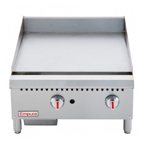 Stainless steel countertop griddle with two control knobs for Empura Equipment EMG-24