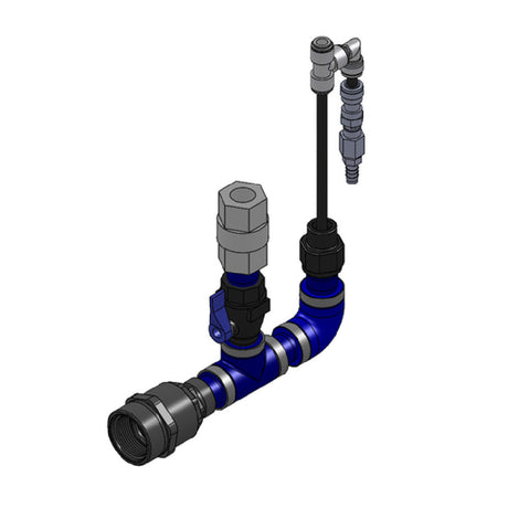 Blue and black plumbing pressure relief valve kit assembly with multiple connection points