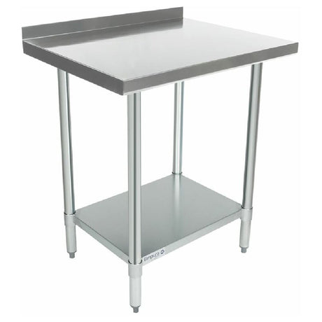 Stainless steel Empura Economy Work Table with backsplash and lower shelf features adjustable feet