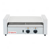Commercial hot dog roller grill with white side panels and dual control knobs