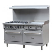 Commercial stainless steel range with six burners, griddle, and removable crumb tray