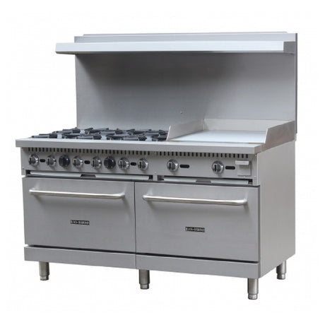 Commercial stainless steel Empura E-GR-6024G range with six burners and removable crumb tray