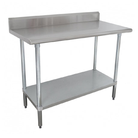 Stainless steel work table with backsplash and lower shelf featuring galvanized legs