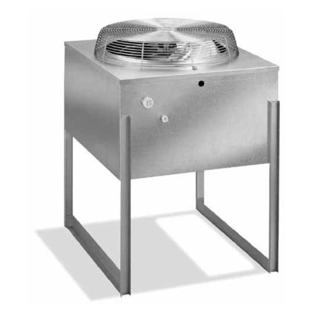 Stainless steel remote condensing unit with top-mounted fan and support frame legs