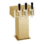 Gold-colored Perlick 4006-2BTF Tee Draft Beer tower with three black handles