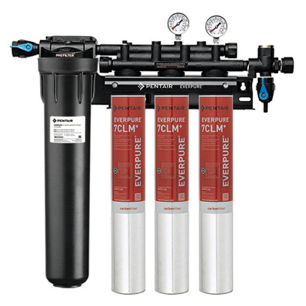 Triple-cartridge water filtration system for Everpure EV977123 with 5 GPM flow rate