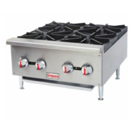 Commercial Empura Stainless EHP-4 Hot Plate with four natural gas burners and control knobs