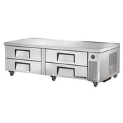 Stainless steel refrigerated chef base with four drawers on wheels for commercial kitchens