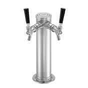 Stainless steel draft arm beer tap tower with two black handles and faucets
