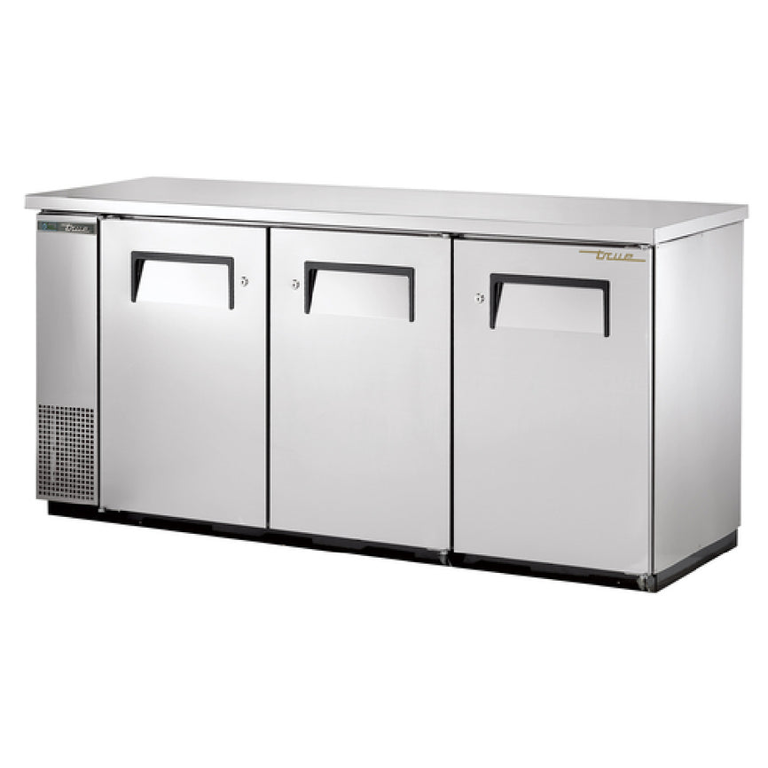Stainless steel True Refrigeration TBB-24-72-S-HC commercial back bar refrigerator with three doors