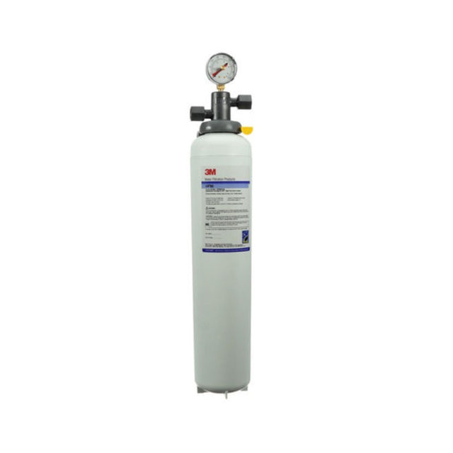 White cylindrical water filter system with pressure gauge for 3M filtration products replacement