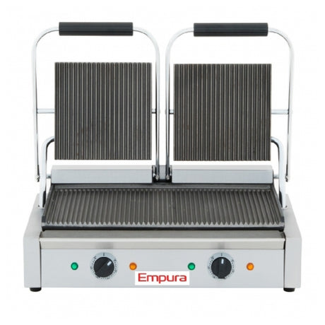 Double grooved commercial panini press with temperature control for professional use