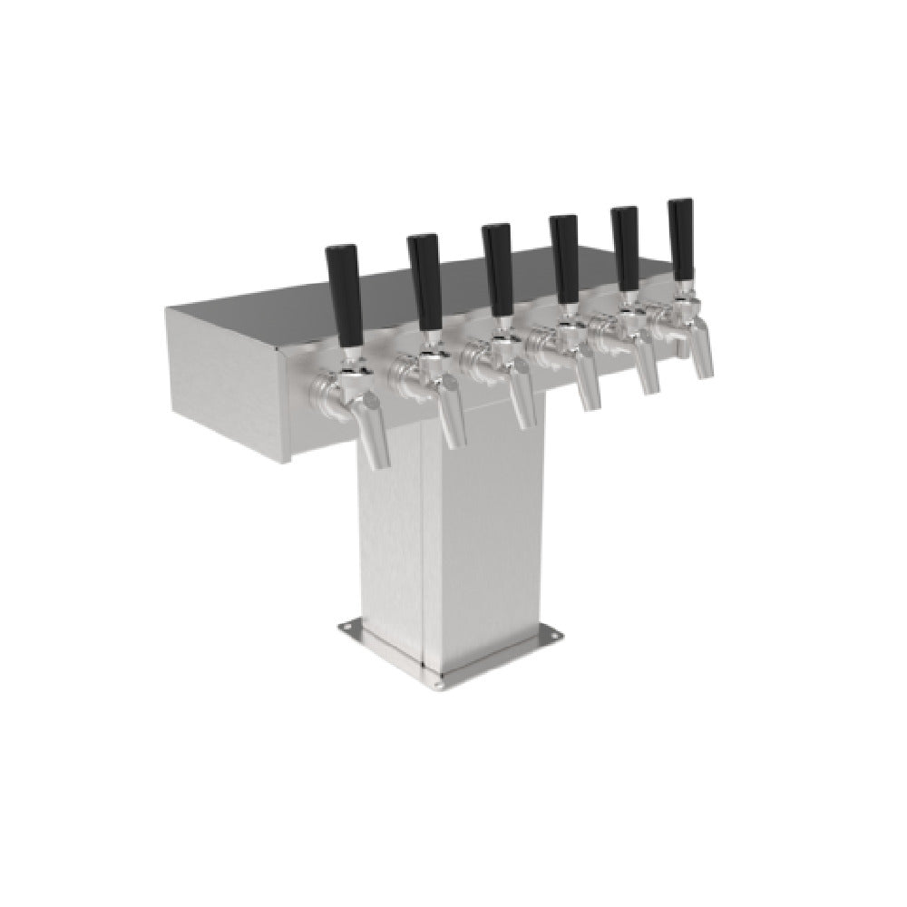 Stainless steel draft beer tower with six faucets and black handles for quality service