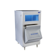 Commercial ice storage bin with slanted door and viewing window for large upright storage