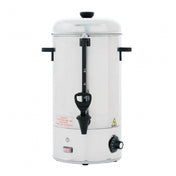 White electric hot water dispenser with black spout and control knob, stainless steel construction