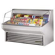 Stainless steel refrigerated display case showcasing snacks and beverages in a True Refrigeration Horizontal Air Curtain Merchandiser