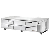 Stainless steel refrigerated chef base with four drawers on wheels from True Refrigeration