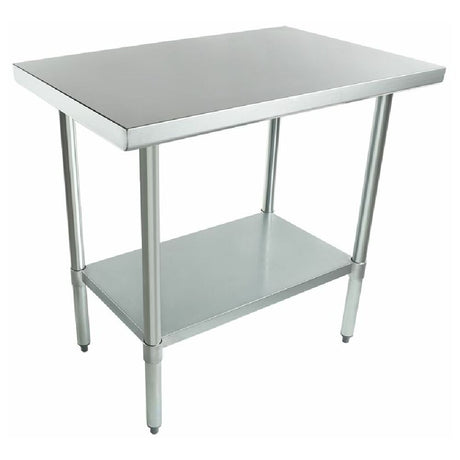 Stainless steel work table with two tiers and plastic adjustable bullet feet for versatility