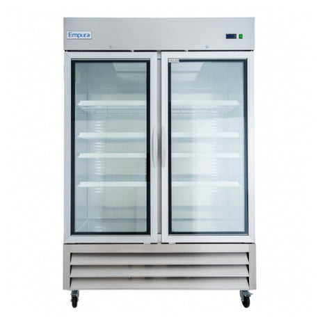 Double-door commercial refrigerator with glass door stainless finish and locking glass doors