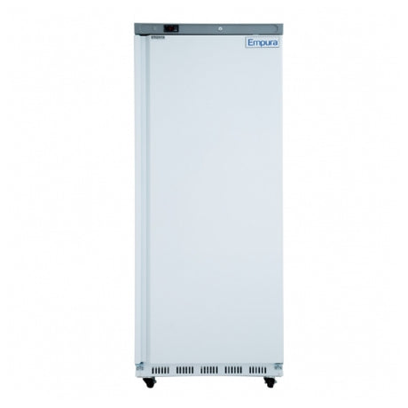 White upright refrigerator with wheels, Empura Stainless E-KB25WR, 30.6’’ W solid door