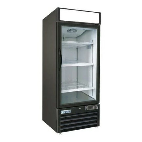 Commercial black swinging glass door refrigerator with white shelving for product display