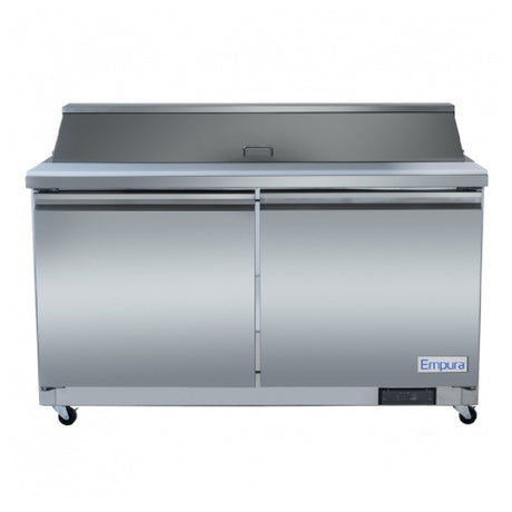 Stainless steel commercial refrigerated prep table with two doors on wheels for salads