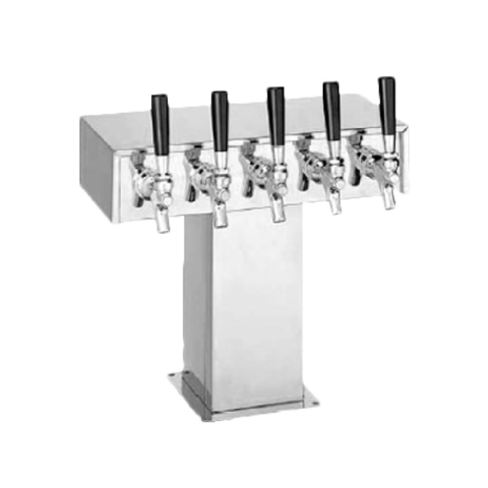 Stainless steel draft beer tower with five faucets and black handles for tee draft beer