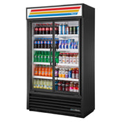 Commercial beverage refrigerator with glass doors showcasing drinks in True Refrigeration Slim Line Visual