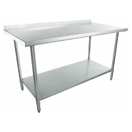 Stainless steel economy work table with backsplash and lower shelf for efficient use