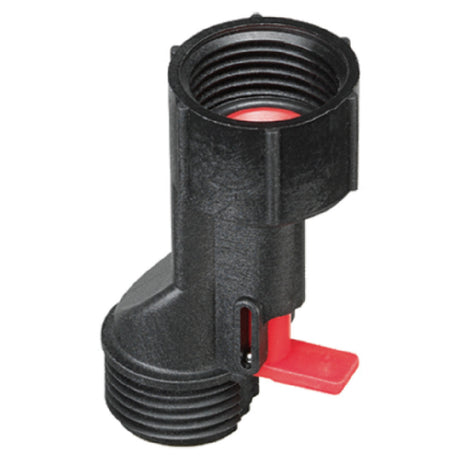 Black plastic hose connector with red shutoff valve for Everpure Waterblock Reset Device