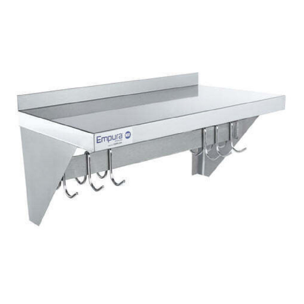 Empura E-WPS-1236 - Pot Rack, Wall-Mounted, 36" X 12" Stainless Steel Wall-mounted Pot Rack With Shelf And 18 Gauge Galvanized Hooks