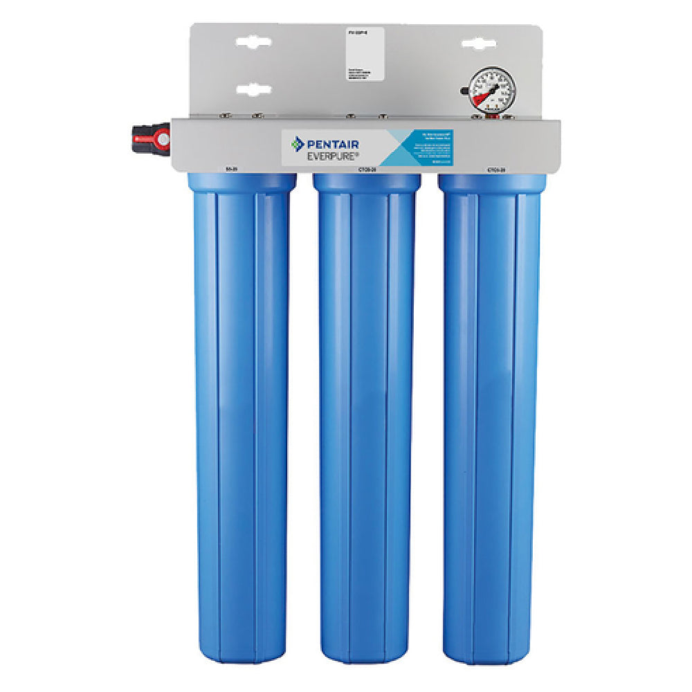 Three-stage water filter system with blue filter housings and metal mounting bracket