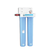Two-stage water filter assembly with blue housings and pressure gauge for Hoshizaki HDI-22P