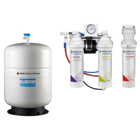 Water filtration system featuring Everpure OPS175CR hydropneumatic storage tank and filter cartridges