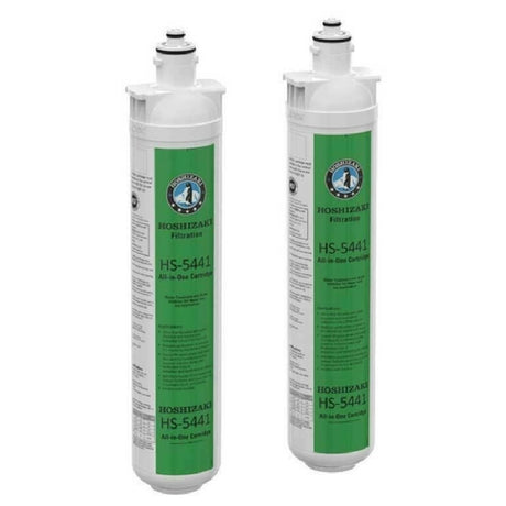 Two white filter cartridges with green labels for Hoshizaki HS-5441 micron ultra-filtration