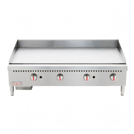 Commercial Stainless Steel Flat-Top Griddle with Four Control Knobs, Gas Powered Countertop