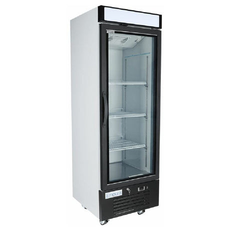 Empura EGM-16FW wide white swinging glass door refrigerator with multiple shelves